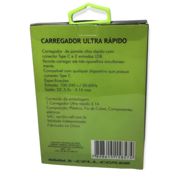 Carregador Celular Ultra Rápido 2 Usb 3.1A + Tipo C X-cell - Imagem 4