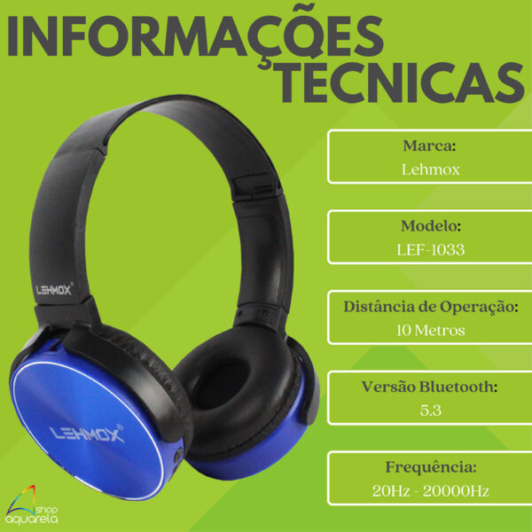 Fone de Ouvido Headset Bluetooth Stereo Sem Fio Wireless Original Lehmox - Imagem 2